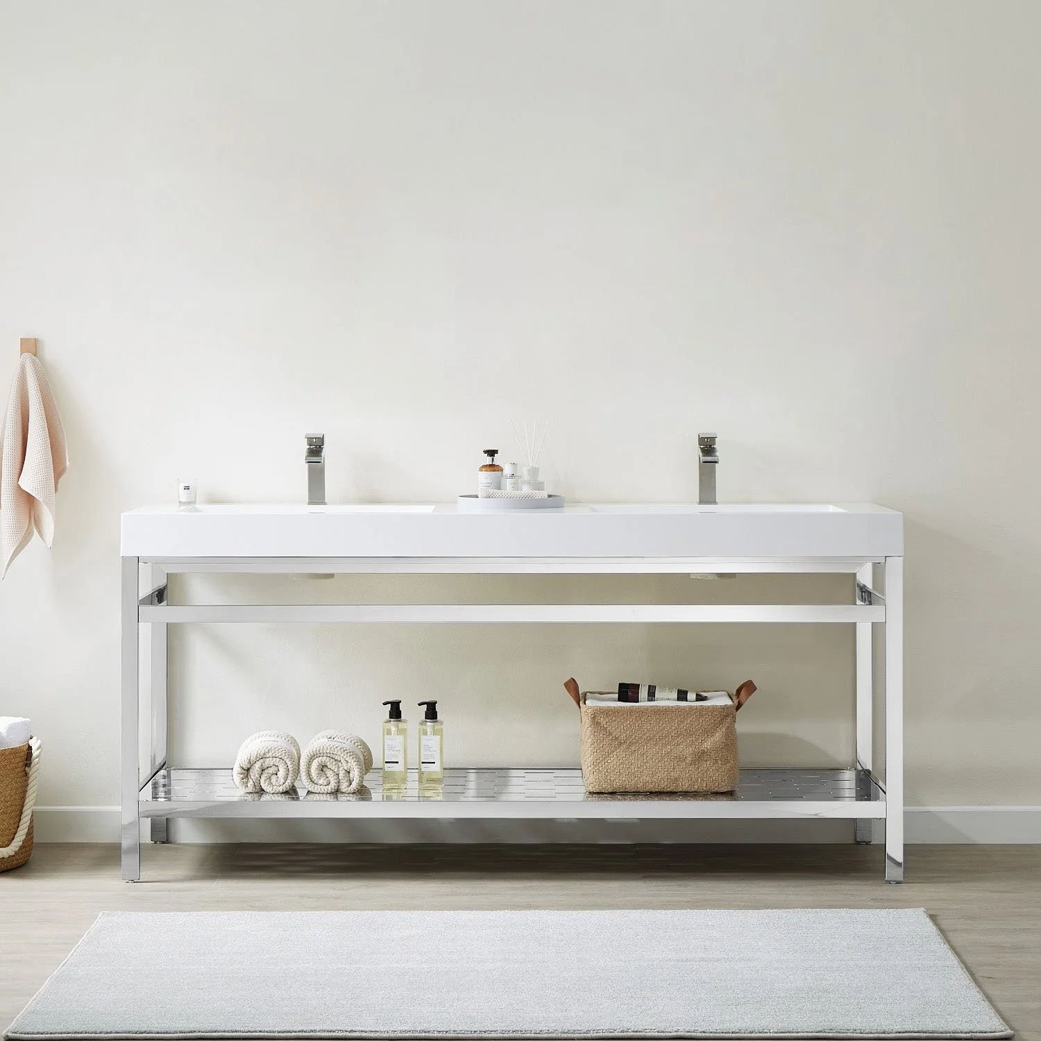Metal Support and White Composite Stone Sink Top - Polish Chrome